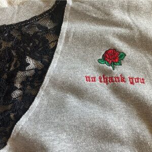 Forever 21 Gray Crop Top with Black Lace and Red Rose Embroidery